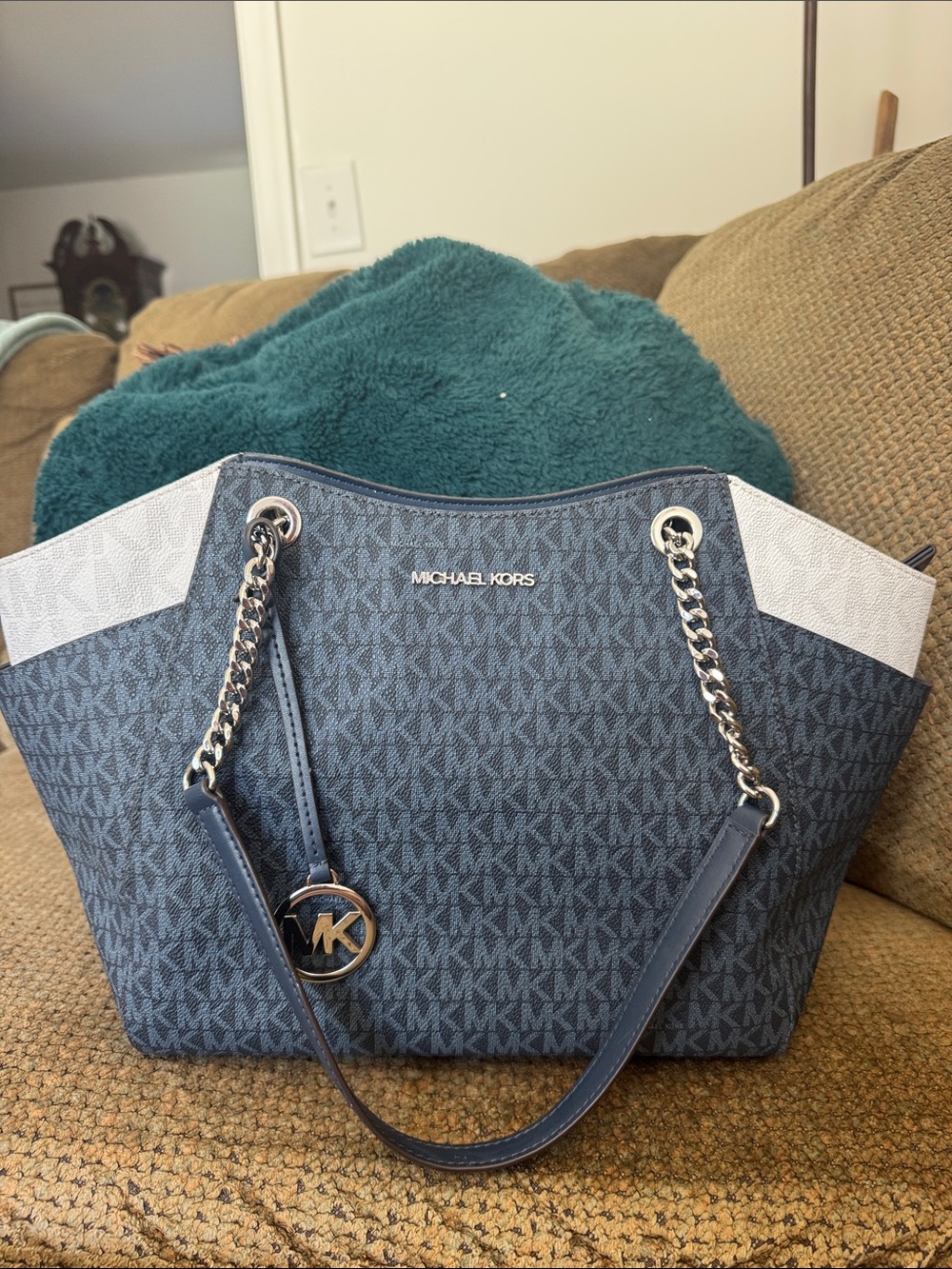 Michael Kors Navy and White MK Logo Chain-Handle Tote